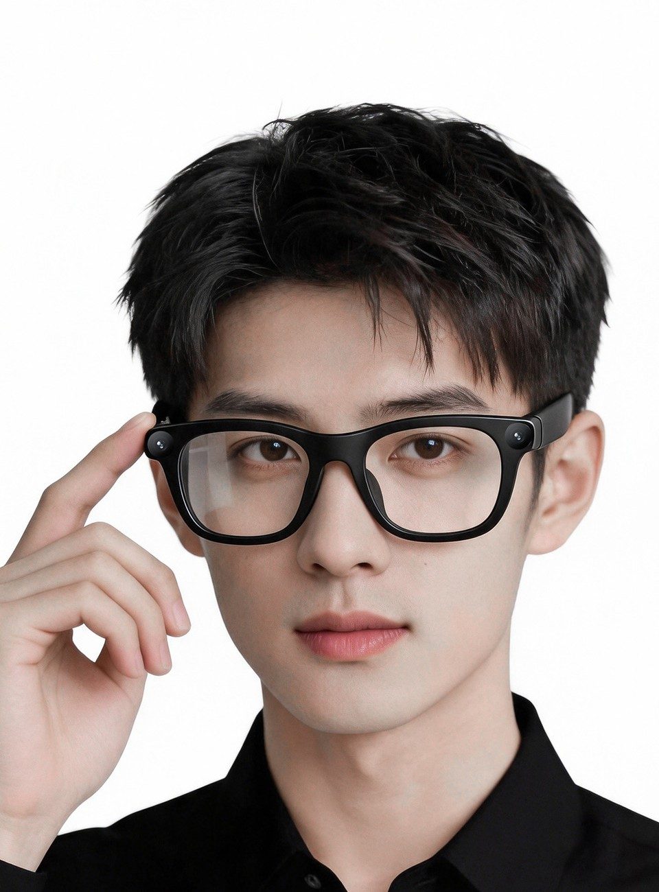 Male model wearing the matte black AI smart glasses