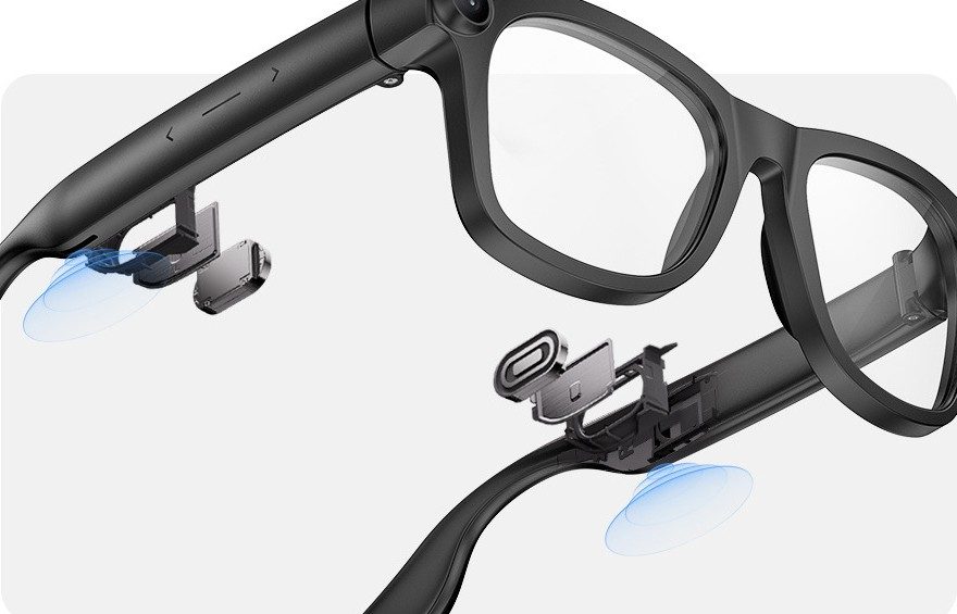 Dual open-ear speakers integrated inside the glasses temples
