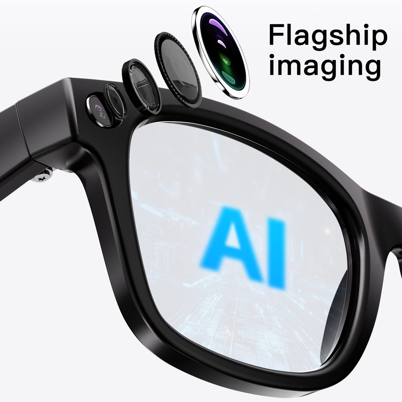 Close-up of the 8MP camera built into the AI glasses frame