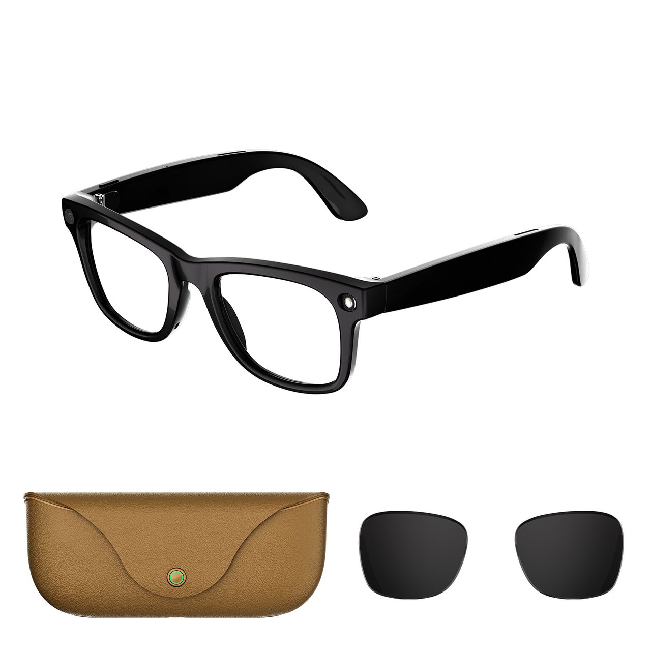 AI glasses with brown charging case and two clip-on sun lenses