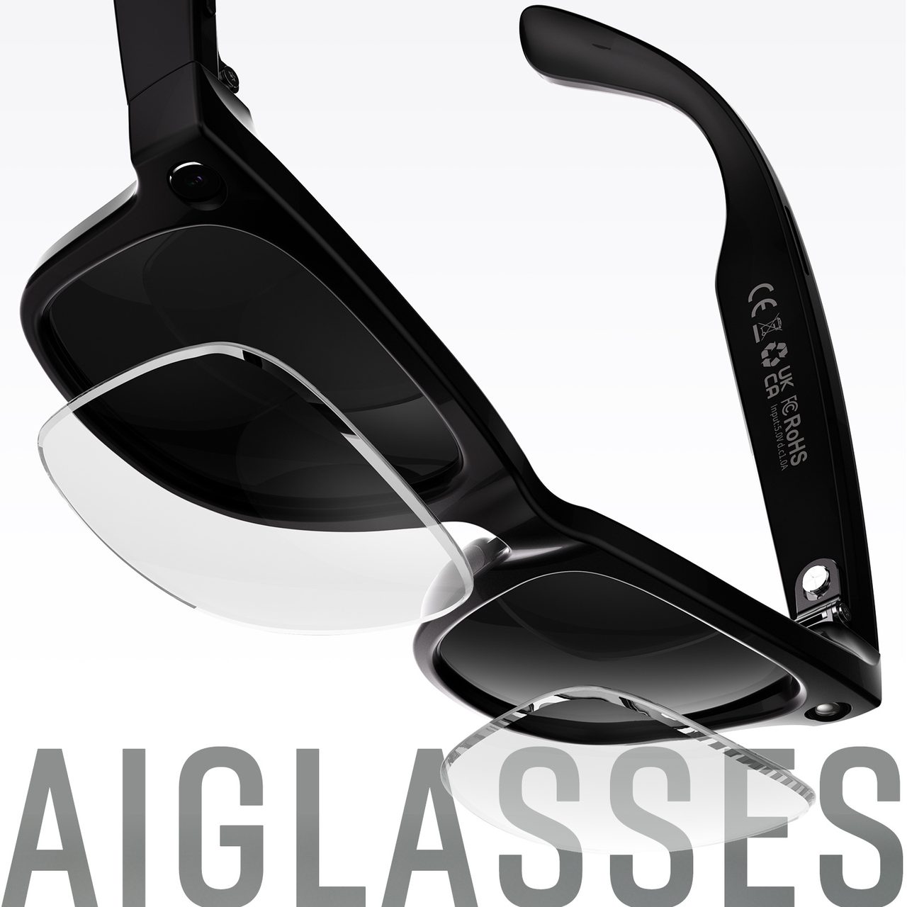 CE, UKCA, FCC and RoHS marks printed on the temple