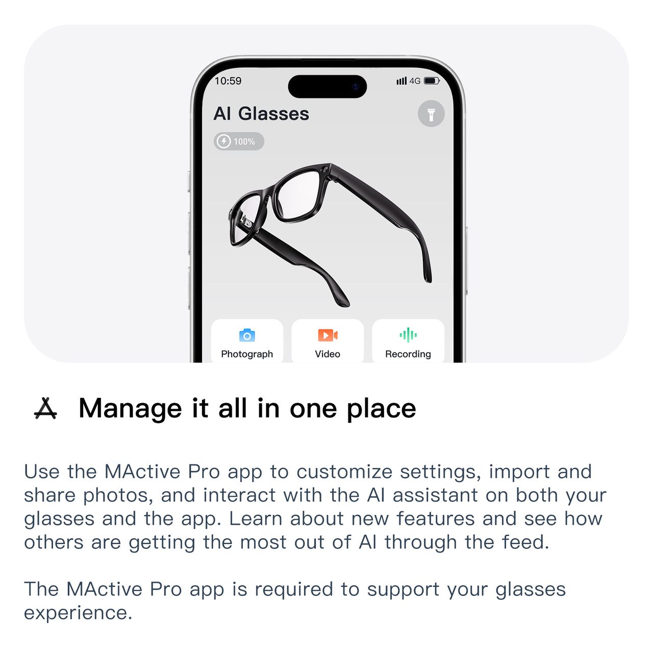 Mactive Pro companion app showing photograph, video and recording controls