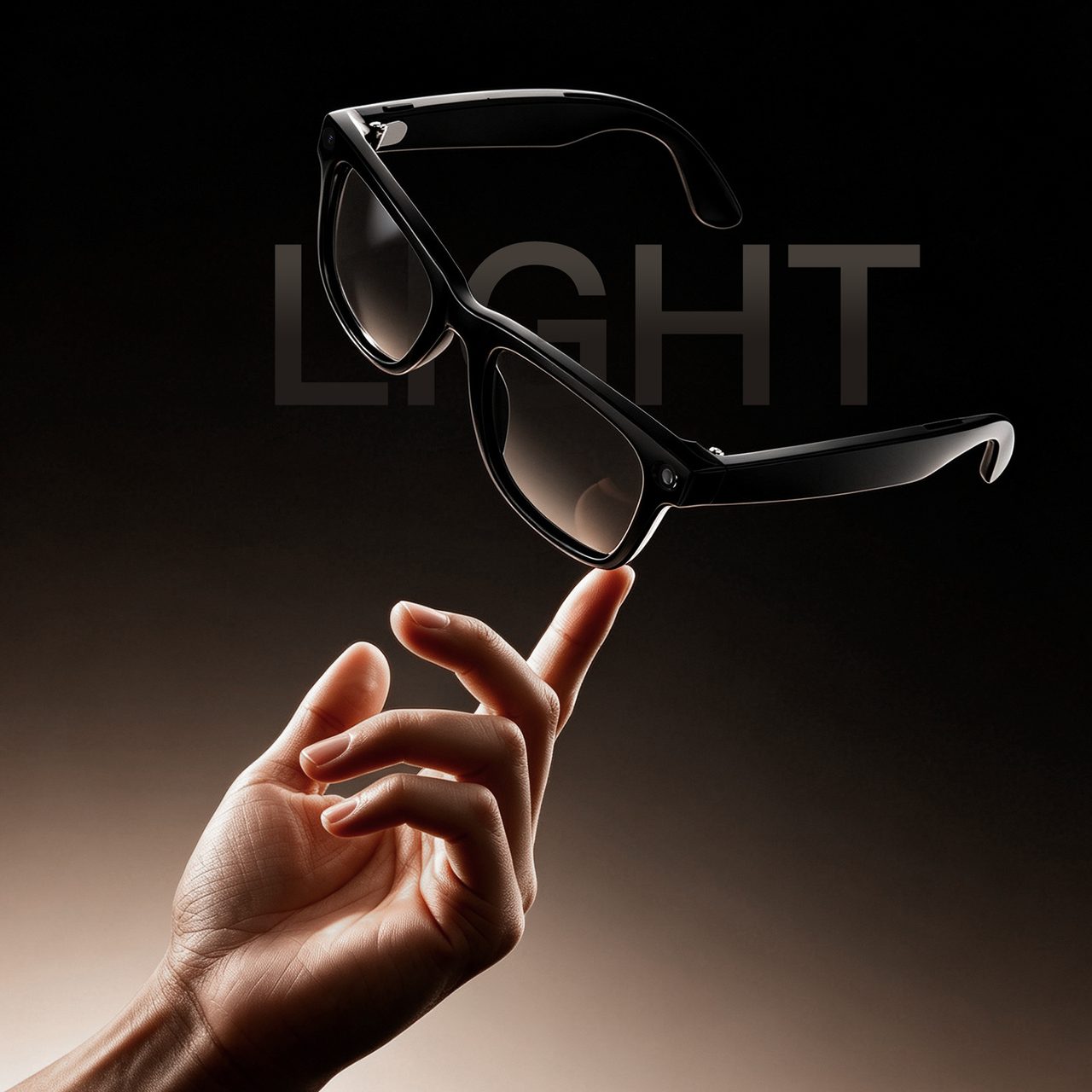 Balanced lightweight AI glasses resting on a fingertip