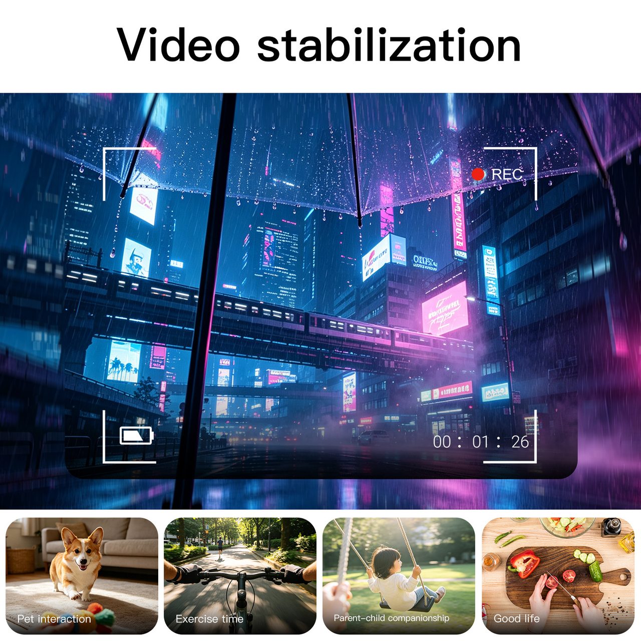 Electronic video stabilization keeps walking shots steady in the rain at night